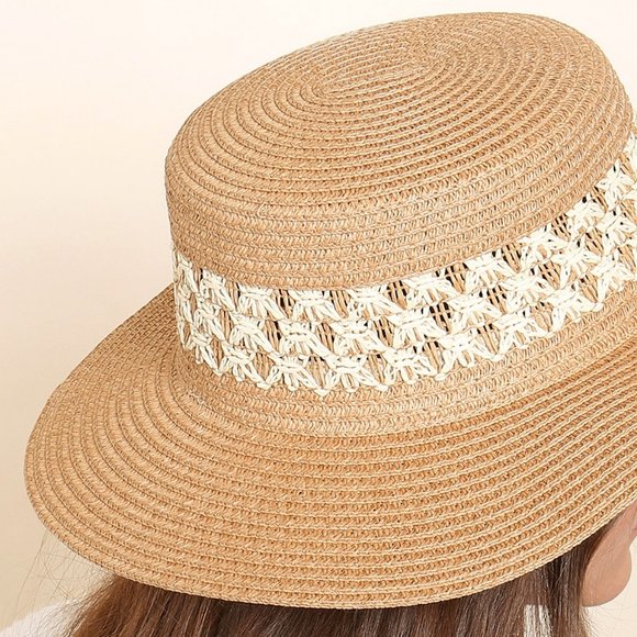 NEW Natural Tan Mix Contrast Weaved Straw Wide Brim Panama Floppy Beach Sun Hat - Picture 4 of 11